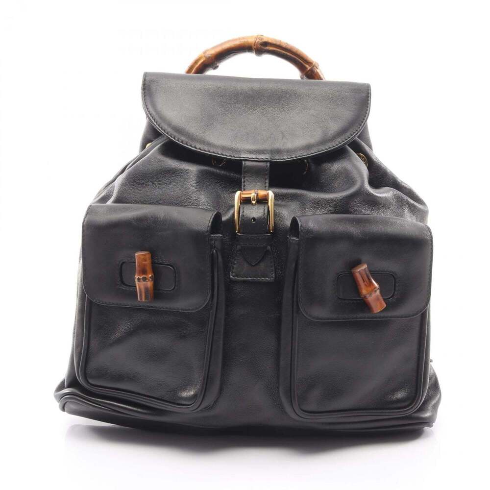 GUCCI Authentic Black Leather Bamboo Backpack - Picture 1 of 12